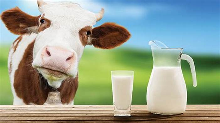 Brown and white cow with a glass and pitcher of milk