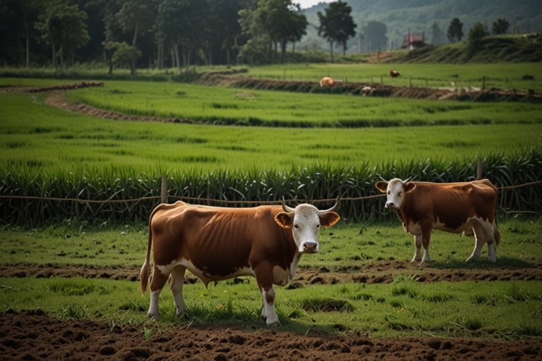Cows grazing in lush green farm pastures