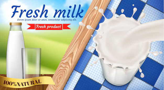 Fresh milk promotional banner with bottle and glass on blue checkered cloth